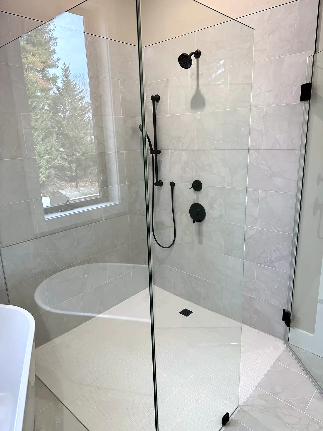 Walk-in glass shower and freestanding tub with black fixtures