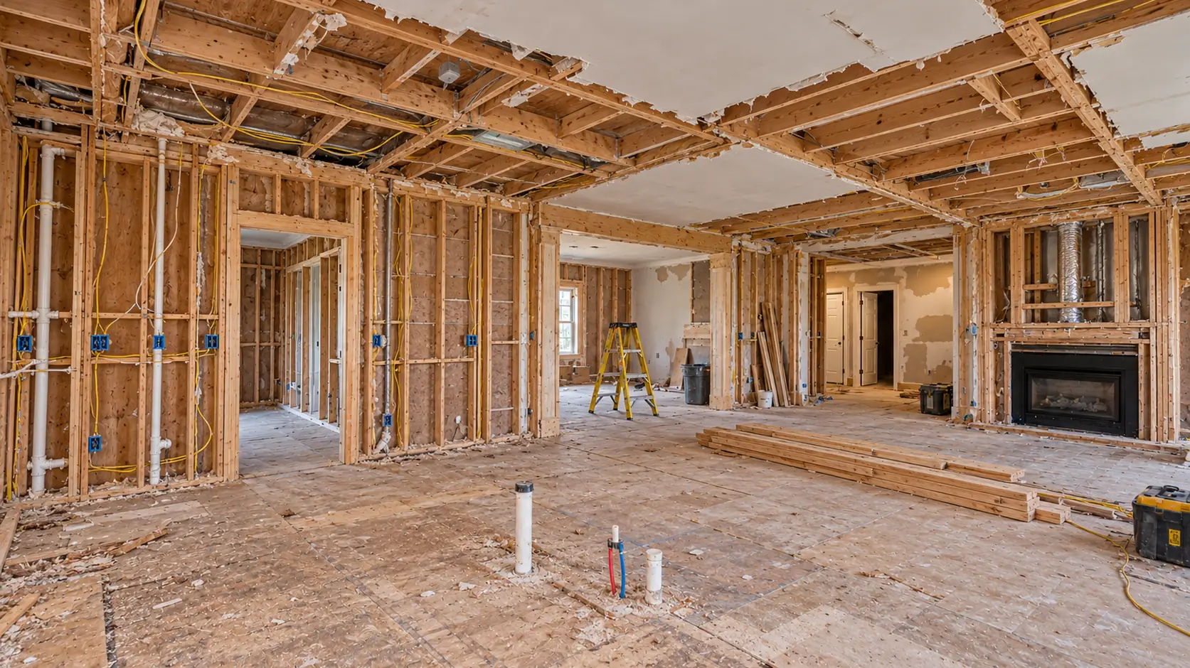 A room stripped back before remodeling work begins